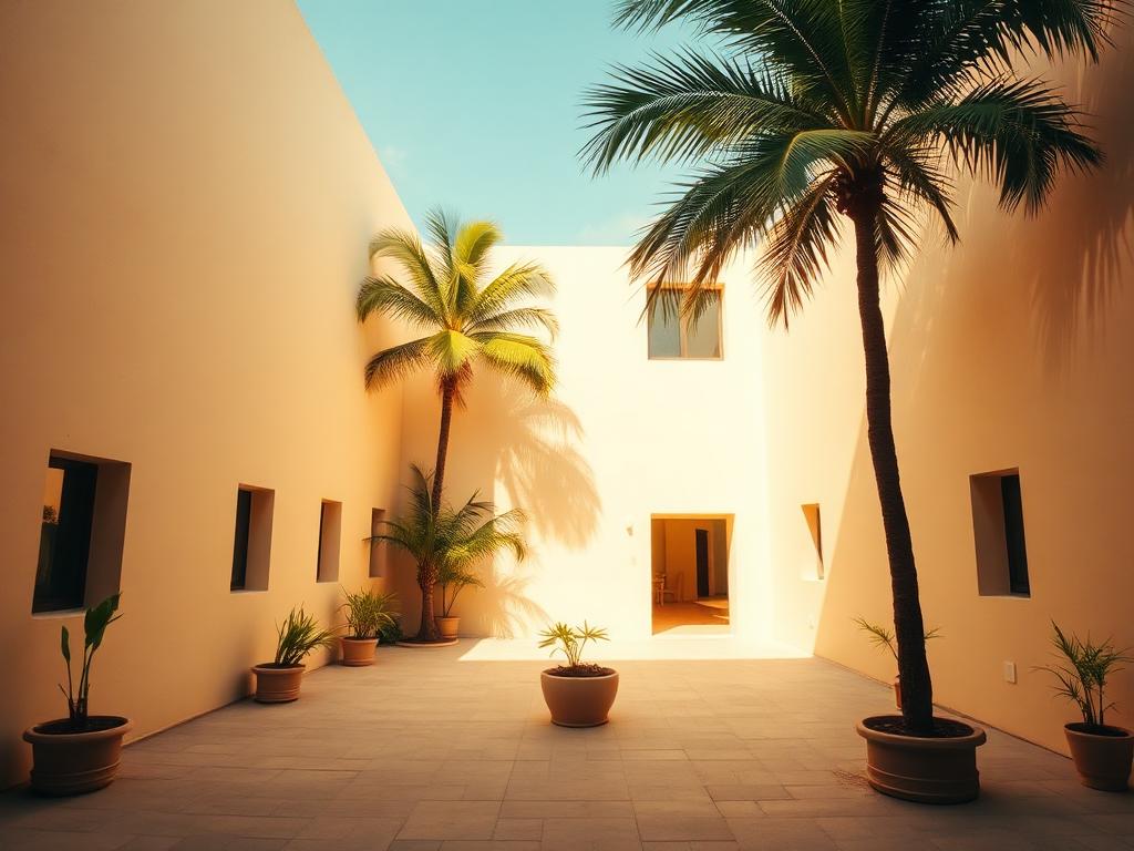 Sunlit creative studio courtyard