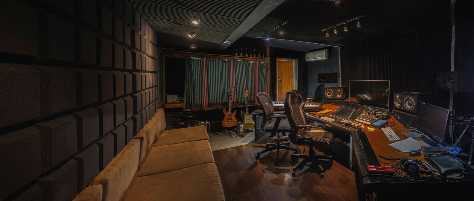 VHQ recording studio control room at night